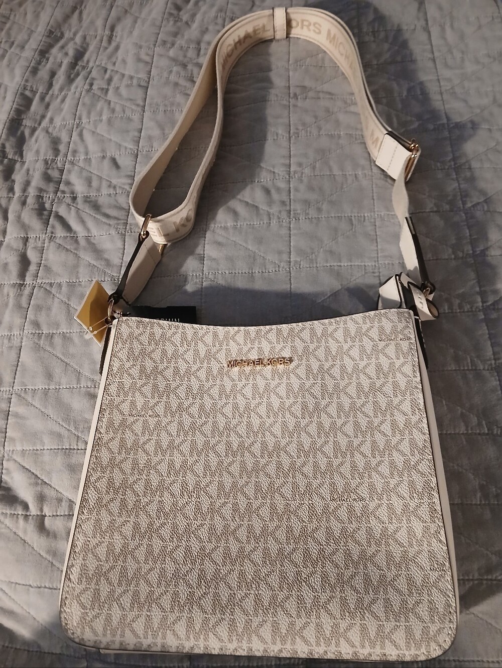 Michael Kors Cream Logo Jacquard Crossbody with Gold Hardware